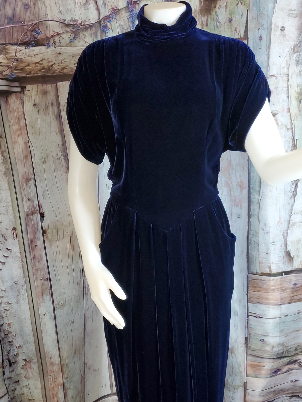 Vintage 80s Maggy London Dress Blue Silk Velvet 10 Korea